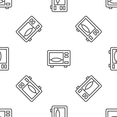 Gri çizgi mikrodalga fırın ikonu beyaz arka planda izole edilmiş pürüzsüz desen. Ev aletleri simgesi. Vektör
