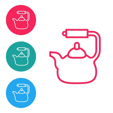Kırmızı çizgili Kettle beyaz arkaplanda ikon izole edilmiş. Çaydanlık ikonu. Simgeleri daire düğmelerine ayır. Vektör