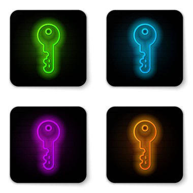 Parlayan neon hattı House anahtar simgesi beyaz arkaplanda izole edildi. Siyah kare düğme. Vektör