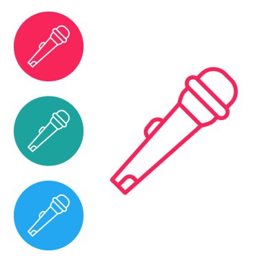 Kırmızı çizgi mikrofon simgesi beyaz arkaplanda izole edildi. Radyodaki mikrofondan. Sözcü işareti. Simgeleri daire düğmelerine ayır. Vektör