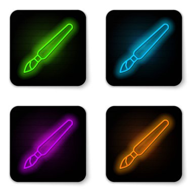 Parlayan neon çizgisi fırça simgesi beyaz arkaplanda izole edildi. Siyah kare düğme. Vektör