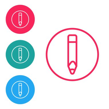 Kırmızı çizgi kalem simgesi beyaz arkaplanda izole edildi. Çizim ve eğitim araçları. Okul sembolü. Simgeleri daire düğmelerine ayır. Vektör