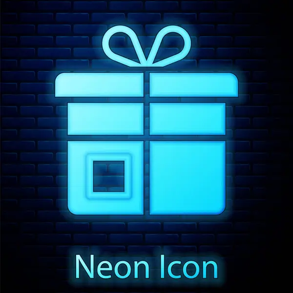 Gloeiende Neon Gift Box Icoon Geïsoleerd Bakstenen Muur Achtergrond Vector — Stockvector