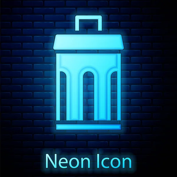 Zářící Neon Popelnice Ikona Izolované Pozadí Cihlové Zdi Popelnice Recyklovat — Stockový vektor