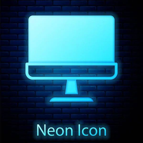 Glowing Neon Computer Monitor Screen Icon Isolated Brick Wall Background — Stock Vector