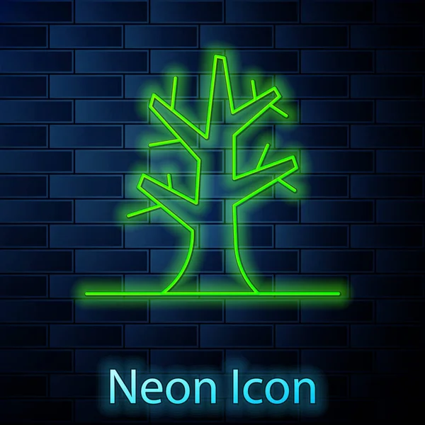 Gloeiende Neon Lijn Bare Boom Pictogram Geïsoleerd Bakstenen Muur Achtergrond — Stockvector