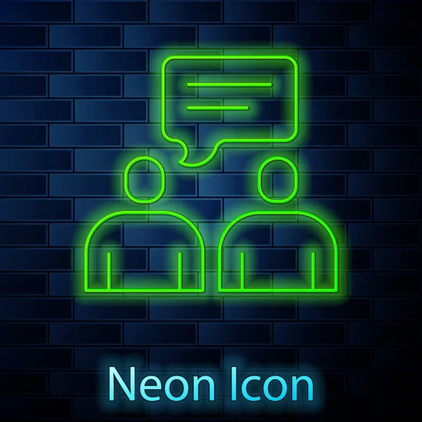 Świecący Neon Linii Dwóch Siedzących Mężczyzn Mówiących Ikonę Izolowane Tle — Wektor stockowy