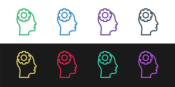 Set line Human head with gear inside icon isolated on black and white background. Artificial intelligence. Thinking brain. Symbol work of brain.  Vector