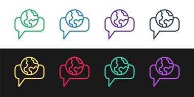 Siyah ve beyaz arkaplanda izole edilmiş yabancı dil simgesi öğrenme satırını ayarla. Çeviri, dil tercümanı ve iletişim. Vektör