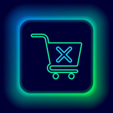 Parlayan neon hattı siyah arkaplanda izole edilmiş alışveriş arabası simgesini kaldır. İnternetten satın alma konsepti. Servis tabelası. Süpermarket sepeti ve X işareti. Renkli taslak konsepti. Vektör