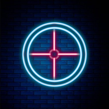 Parlak neon çizgisi yuvarlak tahta kalkan ikonu tuğla duvar arka planında izole edilmiş. Güvenlik, güvenlik, koruma, mahremiyet, koruma kavramı. Renkli taslak konsepti. Vektör