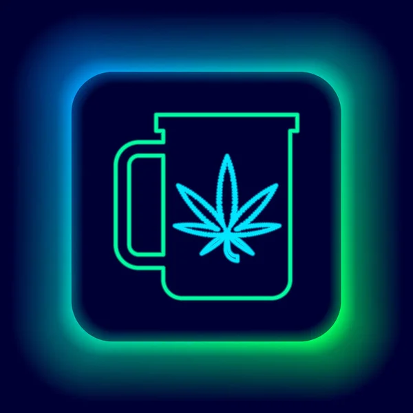 Linea neon incandescente Tazza di tè con marijuana o icona di foglie di cannabis isolata su sfondo nero. Legalizzazione della marijuana. Simbolo di canapa. Concetto di contorno colorato. Vettore — Vettoriale Stock