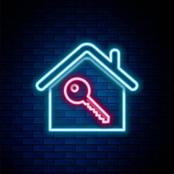 Linea al neon luminosa Casa con icona chiave isolata su sfondo muro di mattoni. Il concetto della casa chiavi in mano. Concetto di contorno colorato. Vettore — Vettoriale Stock