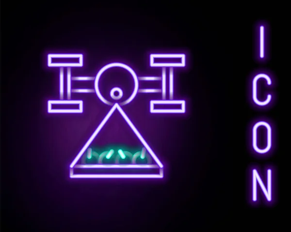 Leuchtende Neon Line Smart Farm mit Drohnensteuerung sammelt Erntesymbole isoliert auf schwarzem Hintergrund. Innovationstechnologie für landwirtschaftliche Unternehmen. Buntes Rahmenkonzept. Vektor — Stockvektor