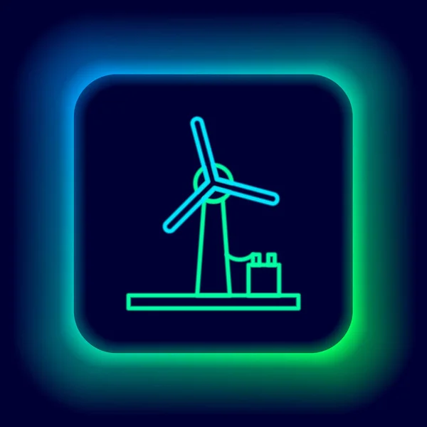 Línea de neón brillante Icono de turbina de viento aislado sobre fondo negro. Cartel del generador eólico. Molino de viento para producción de energía eléctrica. Concepto de esquema colorido. Vector — Vector de stock