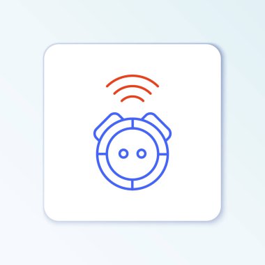 Çizgi Robotu elektrikli süpürge ikonu beyaz arka planda izole edildi. Otomatik süpürme için ev aletleri, ev temizliği için dijital cihazlar. Renkli taslak konsepti. Vektör