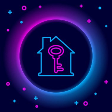 Siyah arkaplanda anahtar simgesi olan parlak neon hattı House. Ev anahtarının konsepti. Renkli taslak konsepti. Vektör