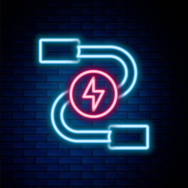 Parlayan neon hattı araba pili kablo ikonu tuğla duvar arka planında izole edildi. Renkli taslak konsepti. Vektör