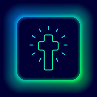 Parlayan neon hattı Hıristiyan çapraz simgesi siyah arka planda izole edildi. Kilise haçı. Renkli taslak konsepti. Vektör