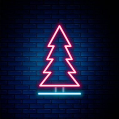 Parlayan neon hattı, duvarın arkasında izole edilmiş Kanada ladin ikonu. Orman ladini. Renkli taslak konsepti. Vektör