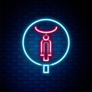 Parlayan neon hattı bisiklet ikonu, tuğla duvar arka planında izole edilmiş. Bisiklet yarışı. Olağanüstü bir spor. Spor malzemeleri. Renkli taslak konsepti. Vektör