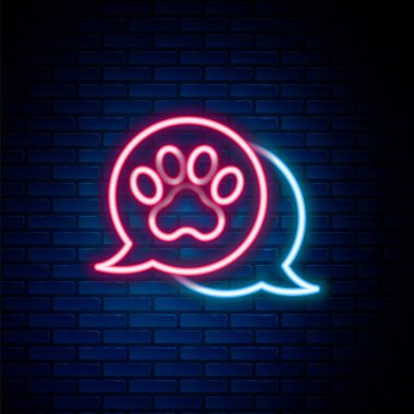Parlayan neon çizgisi Paw baskı simgesi tuğla duvar arka planında izole edildi. Köpek ya da kedi pençesi izi. Hayvan izleri. Renkli taslak konsepti. Vektör