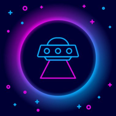 Parlayan neon hattı UFO uçan uzay gemisi simgesi siyah arkaplanda izole edildi. Uçan daire. Uzaylı uzay gemisi. Gelecekteki bilinmeyen uçan nesne. Renkli taslak konsepti. Vektör