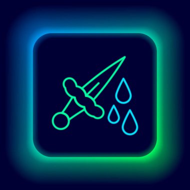 Siyah zemin üzerinde kan ikonu olan parlak neon çizgili kılıç. Ortaçağ şövalyesi ve askeri. Cinayetin sembolü. Renkli taslak konsepti. Vektör