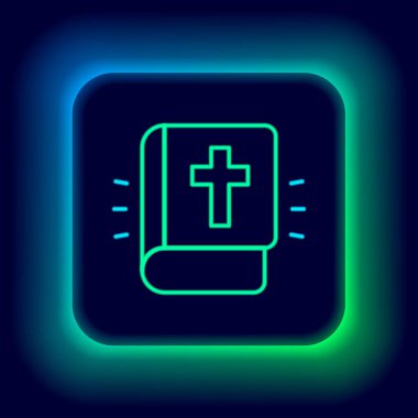 Parlayan neon hattı kutsal kitap ikonu siyah arka planda izole edildi. Renkli taslak konsepti. Vektör