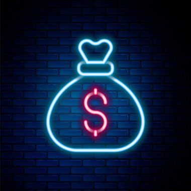 Parlayan neon hattı Para Çantası simgesi tuğla duvar arkasında izole edildi. Dolar ya da USD sembolü. Nakit bankacılık tabelası. Renkli taslak konsepti. Vektör
