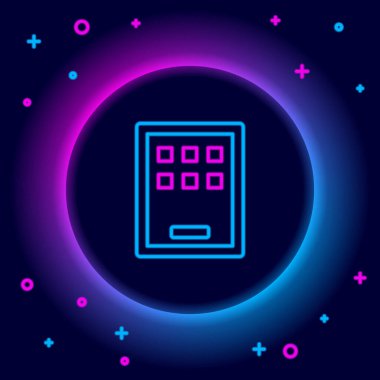 Siyah arkaplanda parlayan neon hattı grafiksel tablet simgesi izole edildi. Renkli taslak konsepti. Vektör