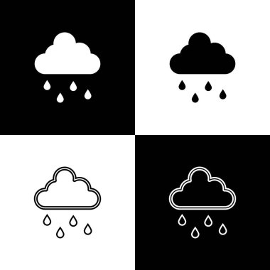 Bulut 'u yağmur simgesiyle siyah beyaz arkaplanda izole et. Yağmur damlaları ile yağmur bulutu yağışı. Vektör