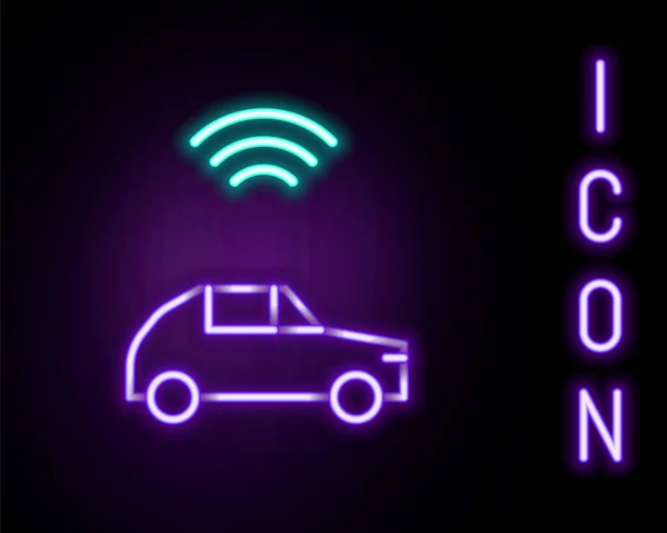 Linea neon luminosa Sistema di auto intelligente con icona di connessione wireless isolata su sfondo nero. Concetto di contorno colorato. Vettore — Vettoriale Stock