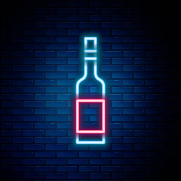 Leuchtende Neon-Linie Glasflasche Wodka-Symbol isoliert auf Backsteinwand Hintergrund. Buntes Rahmenkonzept. Vektor — Stockvektor