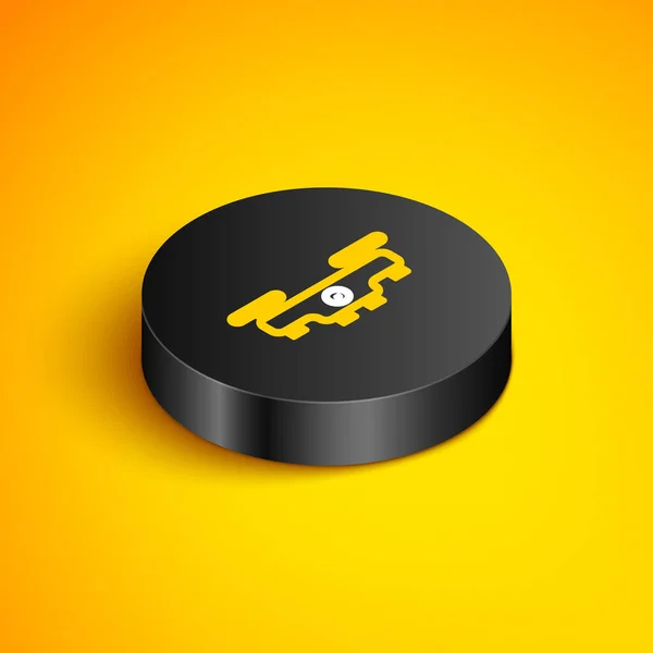Linha isométrica Ícone voador de drones isolado no fundo amarelo. Quadrocopter com símbolo de câmera de vídeo e foto. Botão de círculo preto. Vetor — Vetor de Stock