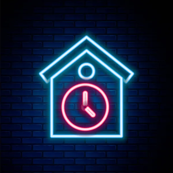Zářící neonová čára Retro nástěnné hodinky ikona izolované na pozadí cihlové stěny. Znamení kukaček. Staré kyvadlové hodiny. Barevný koncept. Vektor — Stockový vektor