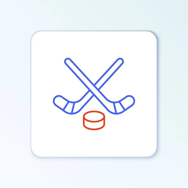 Palos de hockey sobre hielo de línea e icono de disco aislado sobre fondo blanco. Comienza el juego. Concepto de esquema colorido. Vector — Vector de stock