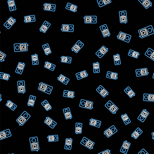 Línea Icono del reproductor de música aislado patrón sin costura sobre fondo negro. Dispositivo de música portátil. Vector — Archivo Imágenes Vectoriales
