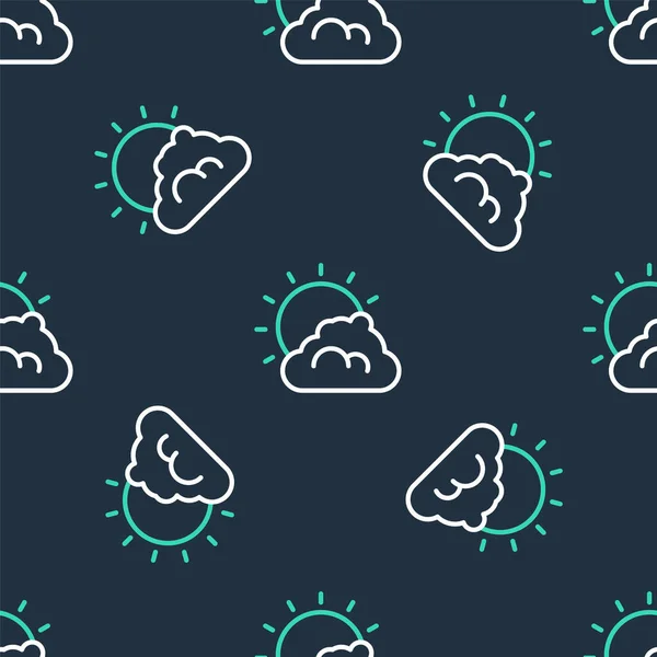 Ligne Soleil et nuages icône météo isolé motif sans couture sur fond noir. Vecteur — Image vectorielle