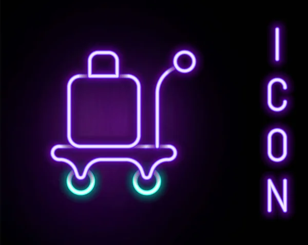 Świecąca neonowa ikona walizki na kółkach odizolowana na czarnym tle. Podróżujący znak bagażu. Ikona bagażu podróżnych. Kolorowy koncept. Wektor — Wektor stockowy