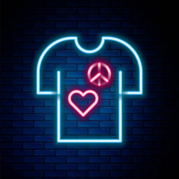 Luminosa linea neon Simbolo pace t-shirt stampa timbro icona isolato su sfondo muro di mattoni. Concetto di contorno colorato. Vettore — Vettoriale Stock