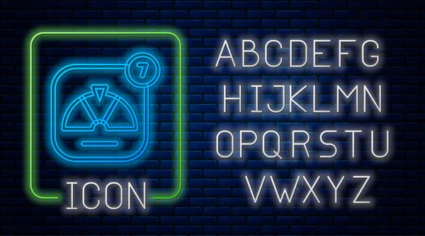 Сяючий неоновий значок щасливого колеса ізольований на фоні цегляної стіни. Неоновий легкий алфавіт. Векторні — стоковий вектор