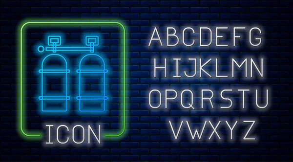 Lumineux néon icône Aqualung isolé sur fond de mur de briques. Réservoir d'oxygène pour plongeur. Équipement de plongée. Le sport extrême. Équipement de plongée sous-marine. Alphabet néon. Vecteur — Image vectorielle