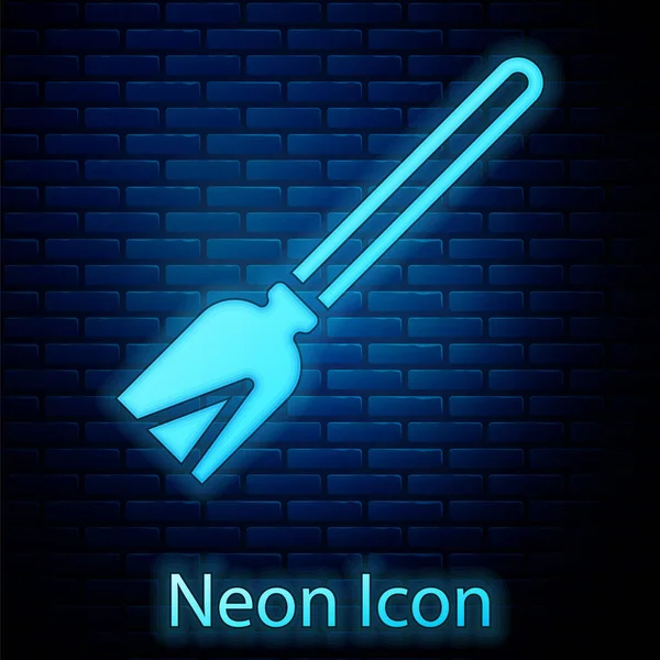 Ragyogó neon fogantyú seprű ikon elszigetelt téglafal háttér. Takarítási szolgáltatás koncepció. Vektor — Stock Vector
