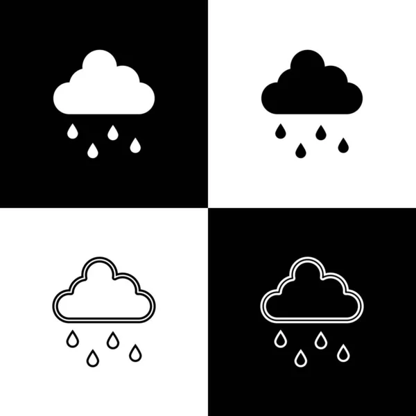 Set Cloud mit Regen-Symbol isoliert auf schwarz-weißem Hintergrund. Regenwolken mit Regentropfen. Vektor — Stockvektor