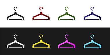 Askı elbise dolabı simgesini siyah beyaz arkaplanda izole et. Vestiyer ikonu. Kıyafet servis sembolü. Çamaşır askı tabelası. Vektör