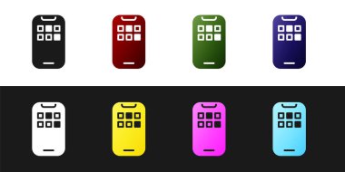 Mobil Uygulamalar simgesini siyah ve beyaz arkaplanda izole et. Ekran simgeli akıllı telefon, uygulamalar. Cep telefonu ekranı görünüyor. Vektör