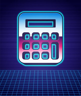 Retro stil hesap makinesi simgesi izole edilmiş geleceksel manzara arkaplanı. Muhasebe sembolü. İş hesaplamaları matematik eğitimi ve finans. 80 'lerin moda partisi. Vektör