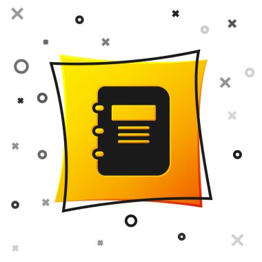 Siyah Not Defteri simgesi beyaz arkaplanda izole edildi. Spiral not defteri simgesi. Okul defteri. Yazı tahtası. Okul günlüğü. Sarı kare düğme. Vektör