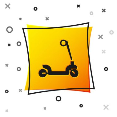 Beyaz arka planda izole edilmiş çocuk simgesi için siyah tekerlekli scooter. Motoru tekmele ya da dengeli sür. Sarı kare düğme. Vektör